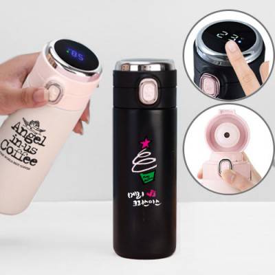 (풀칼라가능)원스타 원터치 스마트 LED 온도텀블러 400ml (이중진공)보온.보냉 304 최고급텀블러