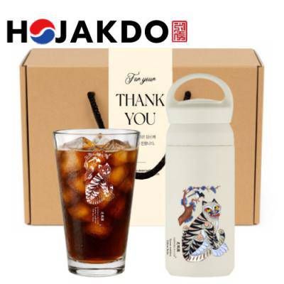 한국전통 까치와호랑이 호작도 데이오프 텀블러 350ml 샤이닝 글라스 선물세트