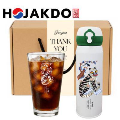 한국전통 민화 호작도 까치와 호랑이 원터치 텀블러 500ml 샤이닝 글라스 선물세트