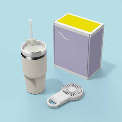 루티네 선물세트 밀크티텀블러+LED 카라비너 휴대용 미니선풍기