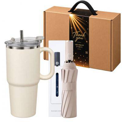 손잡이 스텐 텀블러 빨대포함 600ml + 자동 3단 우산/양산 감사띠지박스 선물세트